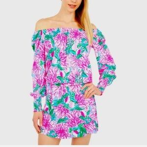 Lilly Pulitzer Off Shoulder Lana Romper Dress in Pink Blossom